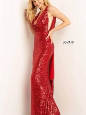 Jovani Red Sequin Backless Evening Gown